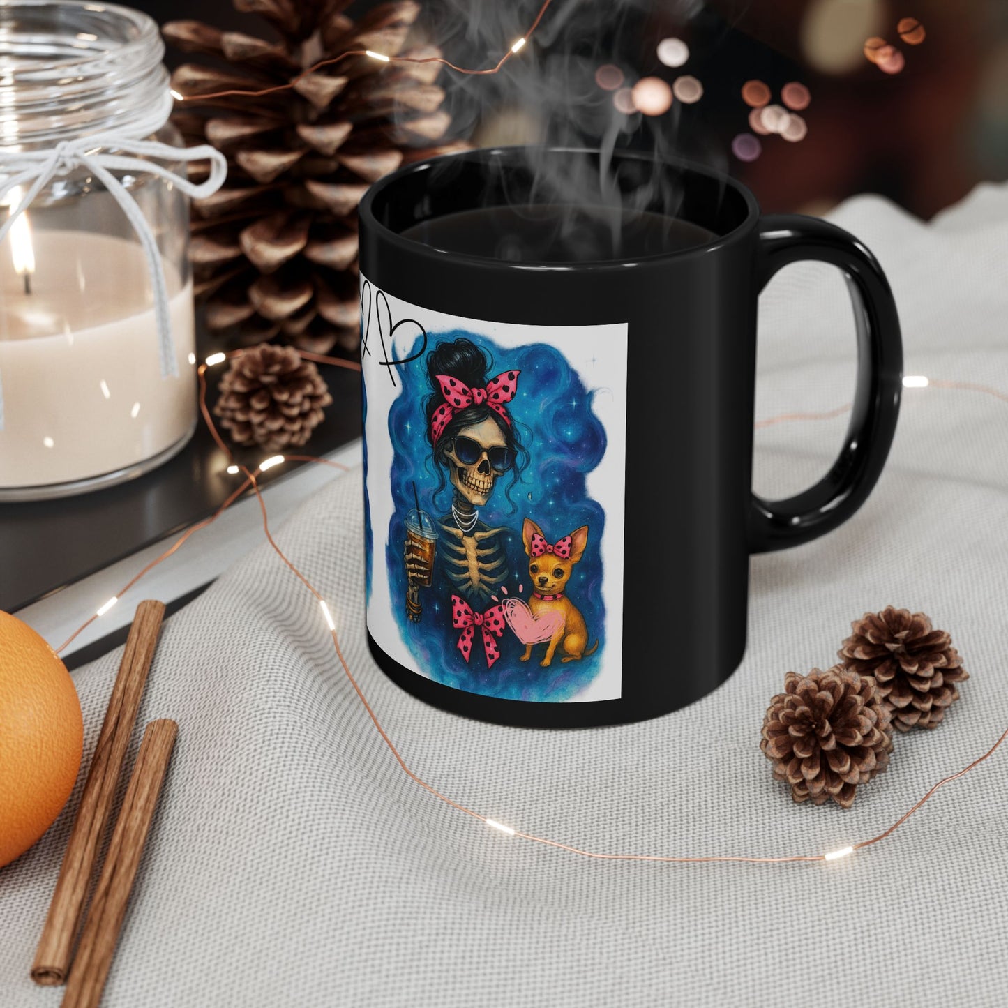 Cute Skeleton Mug with Bow, Halloween Decor, Gift for Dog Lovers, Coffee & Tea Mug, Fun Skeleton Design