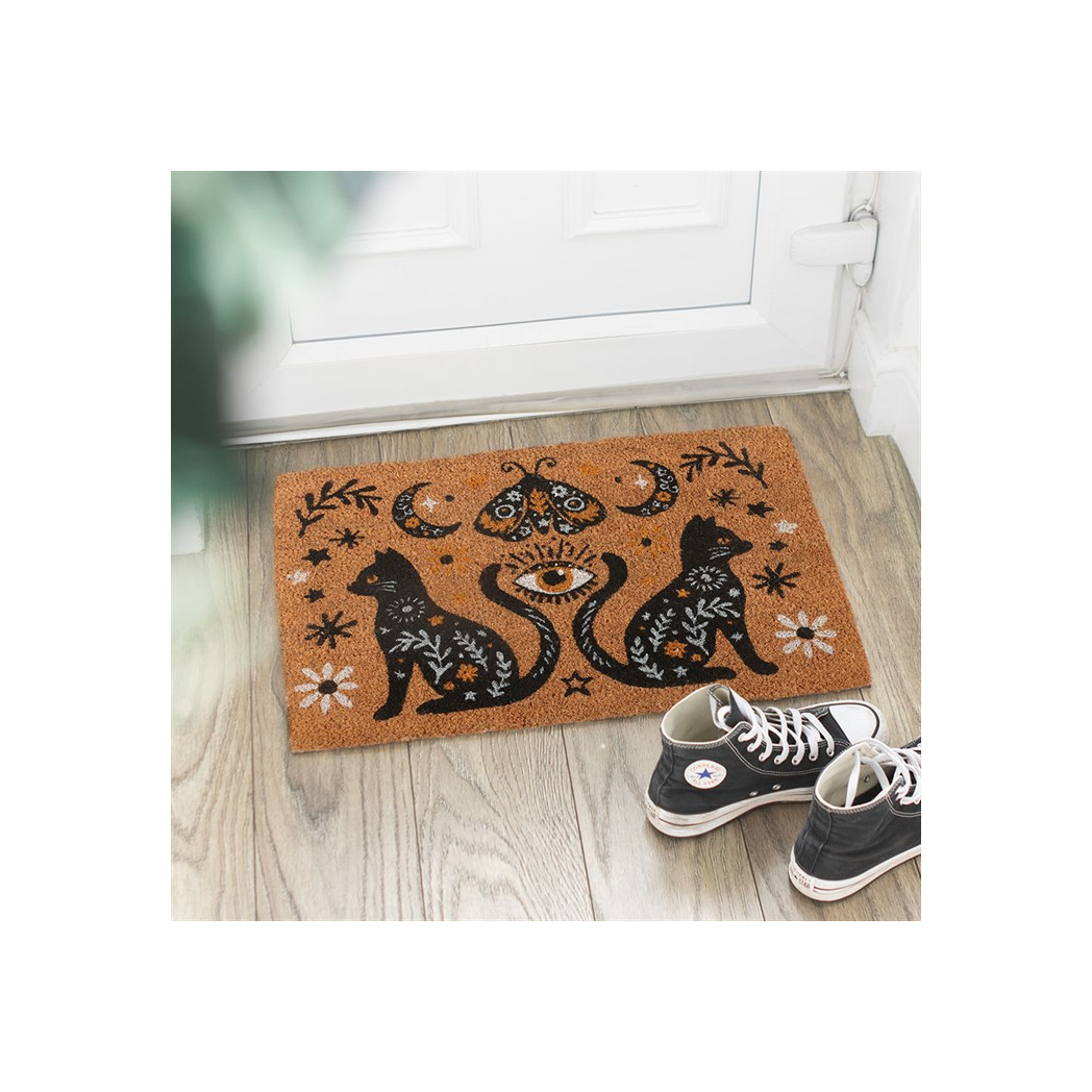 Witchy Black Cat Doormat – Mystical Moon & Eye Design