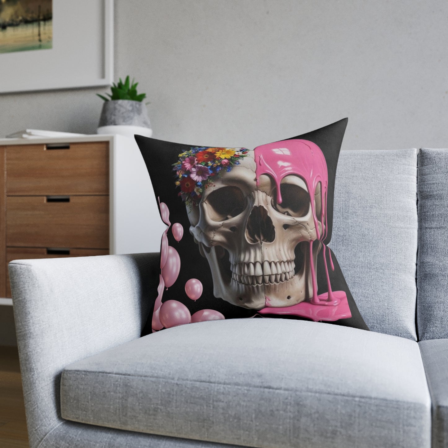 Edgy Floral Skull Cushion, Decorative Throw Cushion, Unique Home Decor, Goth | Halloween Accent, Gift for Friends, Cosy Living Room