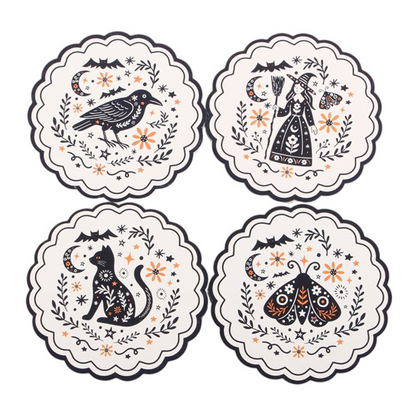 Witchy Folk Art Coaster Set – Black Cat, Raven & Moth