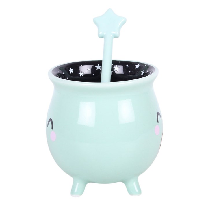 Mint Green Cauldron Mug with Wand Stirrer – Witchy Mug 400ml