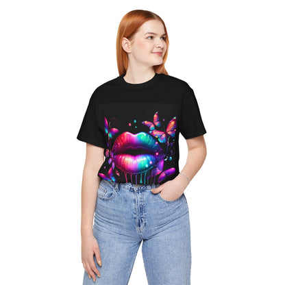 Colourful Lip & Butterfly Unisex Tee, Vibrant Graphic T-Shirt, Summer Fashion, Gift for Her, Festival Wear, Boho Style