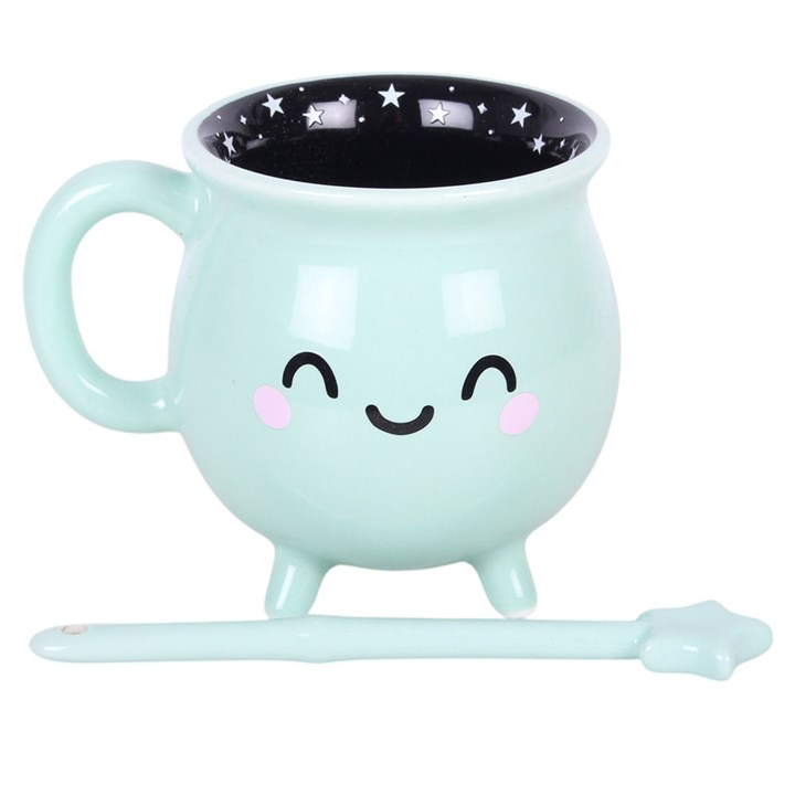 Mint Green Cauldron Mug with Wand Stirrer – Witchy Mug 400ml
