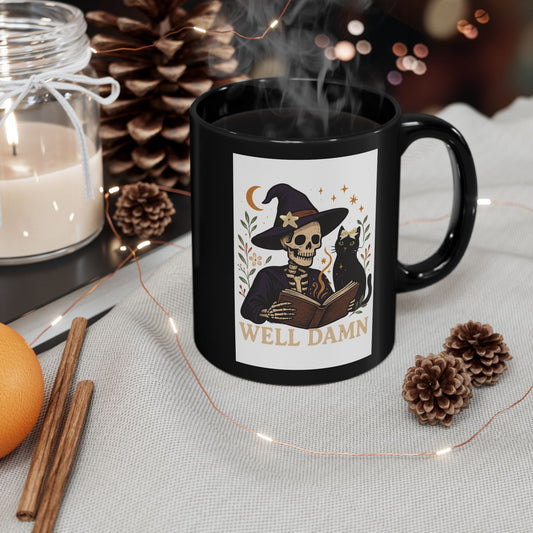 Halloween Skeleton Mug with Cat, Spooky Coffee Cup, Perfect for Witchy Gifts, Well Damn Design, 11oz, 15oz