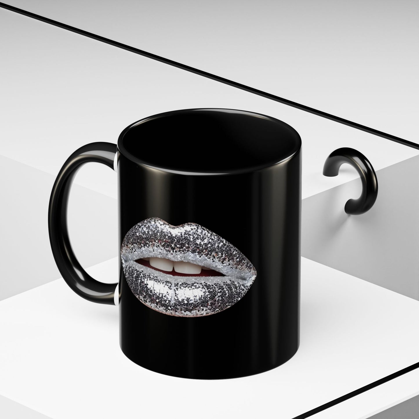 Silver Glitter Lips Black Accent Coffee Mug (11, 15oz)