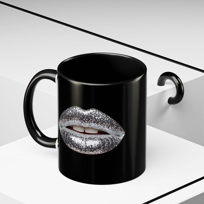 Silver Glitter Lips Black Accent Coffee Mug (11, 15oz)