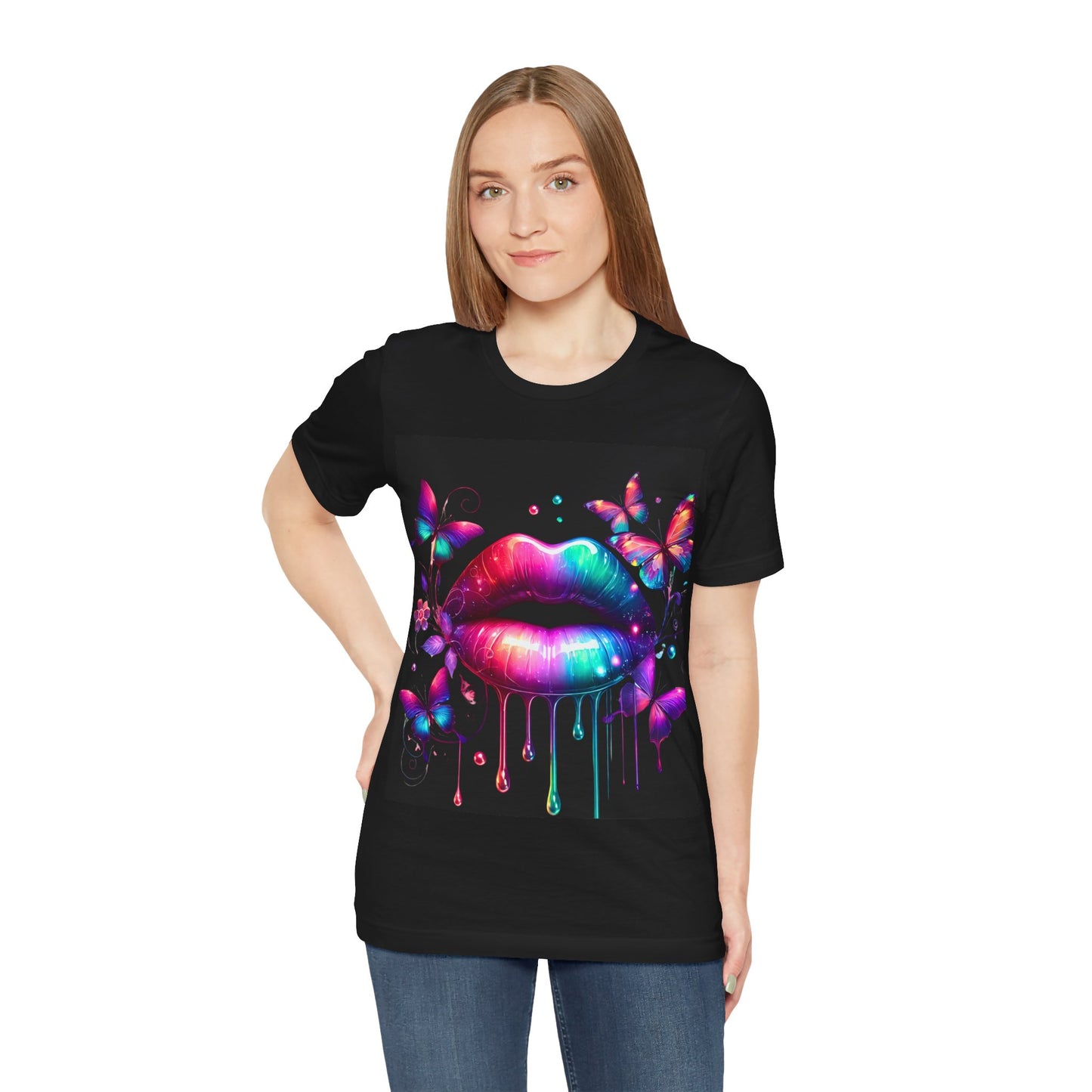 Colourful Lip & Butterfly Unisex Tee, Vibrant Graphic T-Shirt, Summer Fashion, Gift for Her, Festival Wear, Boho Style