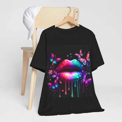 Colourful Lip & Butterfly Unisex Tee, Vibrant Graphic T-Shirt, Summer Fashion, Gift for Her, Festival Wear, Boho Style