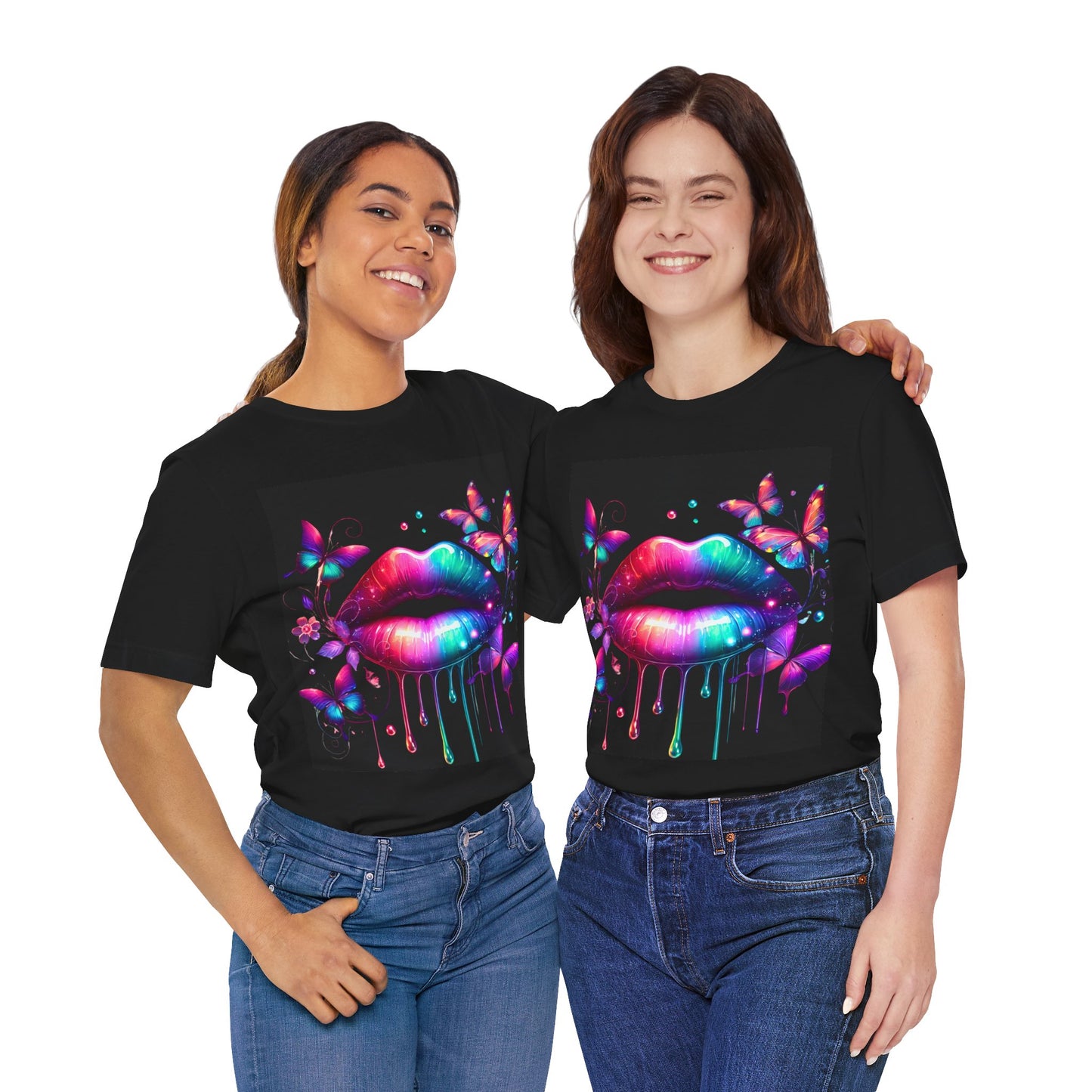 Colourful Lip & Butterfly Unisex Tee, Vibrant Graphic T-Shirt, Summer Fashion, Gift for Her, Festival Wear, Boho Style