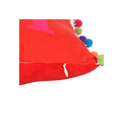 Holly Jolly Christmas Cushion with Pom Poms – Red