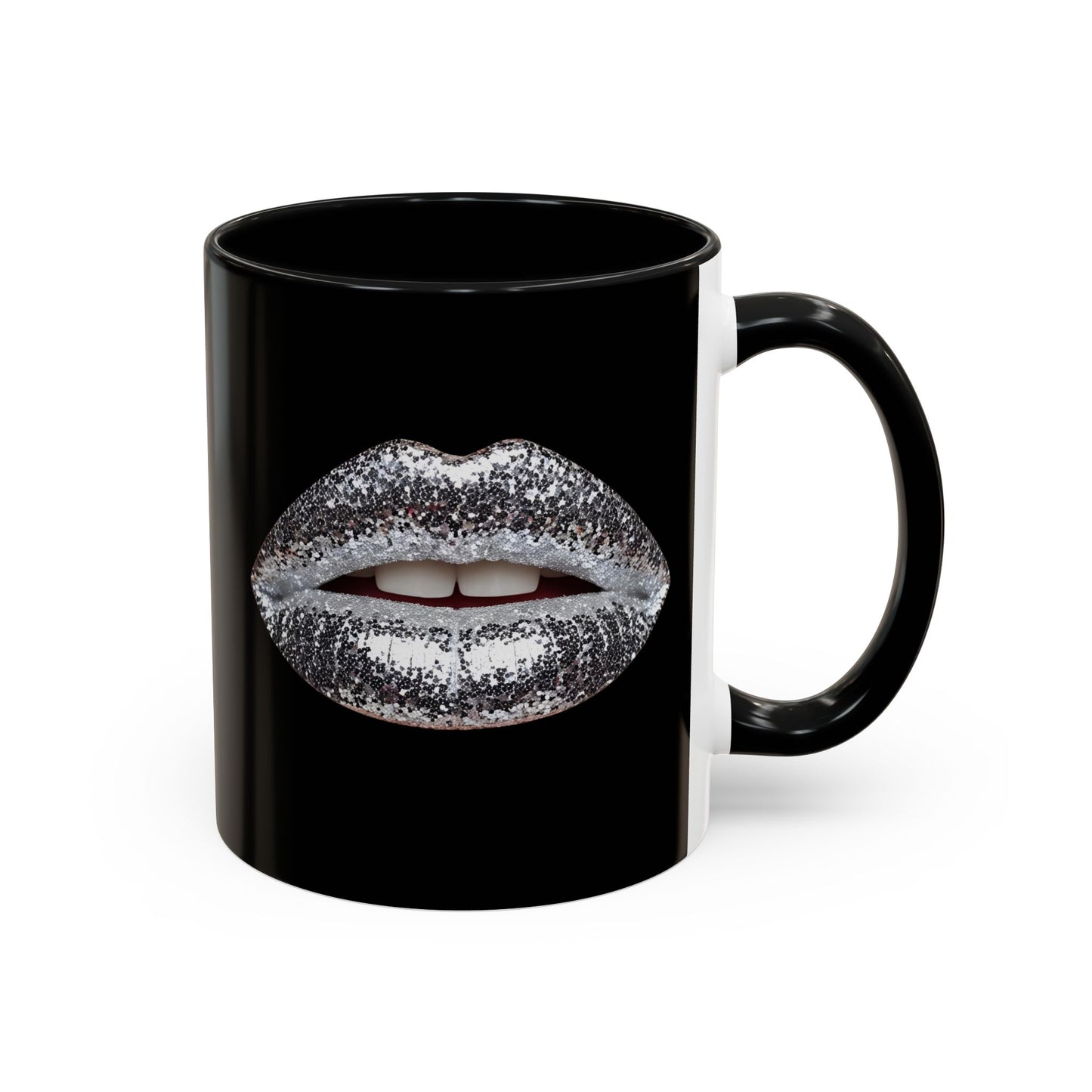 Silver Glitter Lips Black Accent Coffee Mug (11, 15oz)