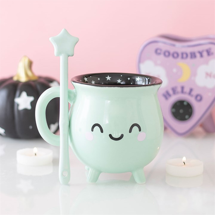 Mint Green Cauldron Mug with Wand Stirrer – Witchy Mug 400ml