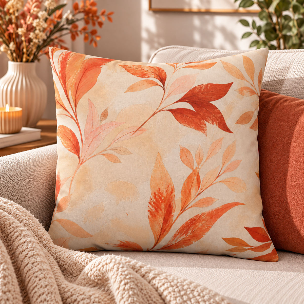 Burnt Orange & Terracotta Abstract Botanical Cushion