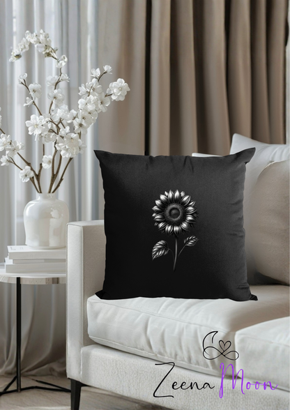 Black Throw Cushion – Monochrome Sunflower Elegance | 40x40cm