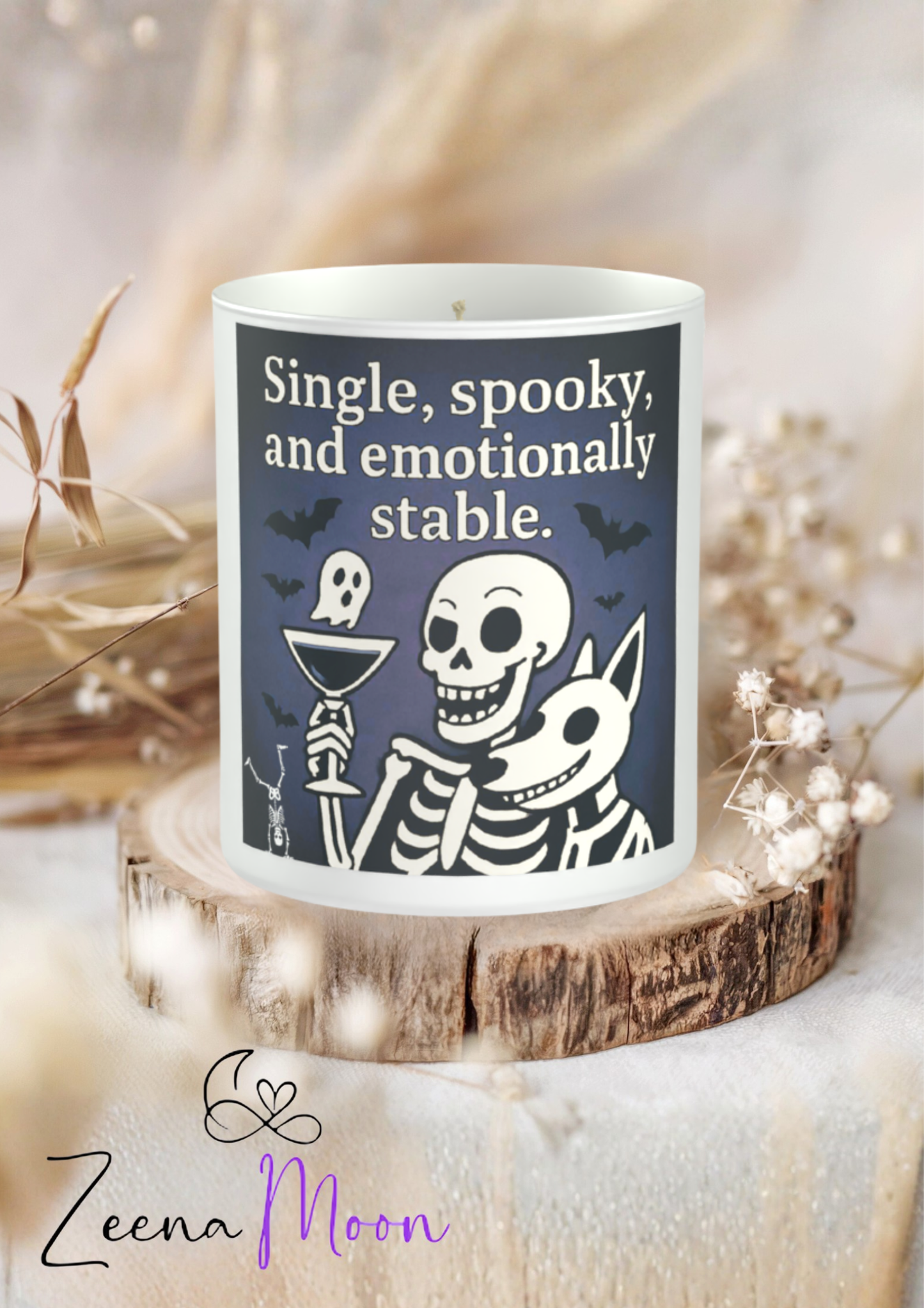 Single, Spooky & Emotionally Stable Skeleton 200g White candle ‘Sandy Bay'