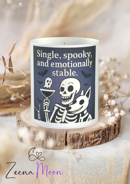 Single, Spooky & Emotionally Stable Skeleton 200g White candle ‘Sandy Bay'