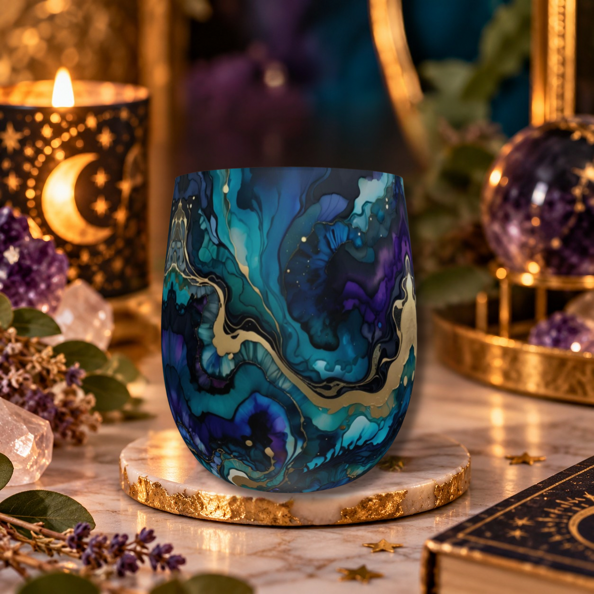 Midnight Aurora Abstract Marble Water Glass