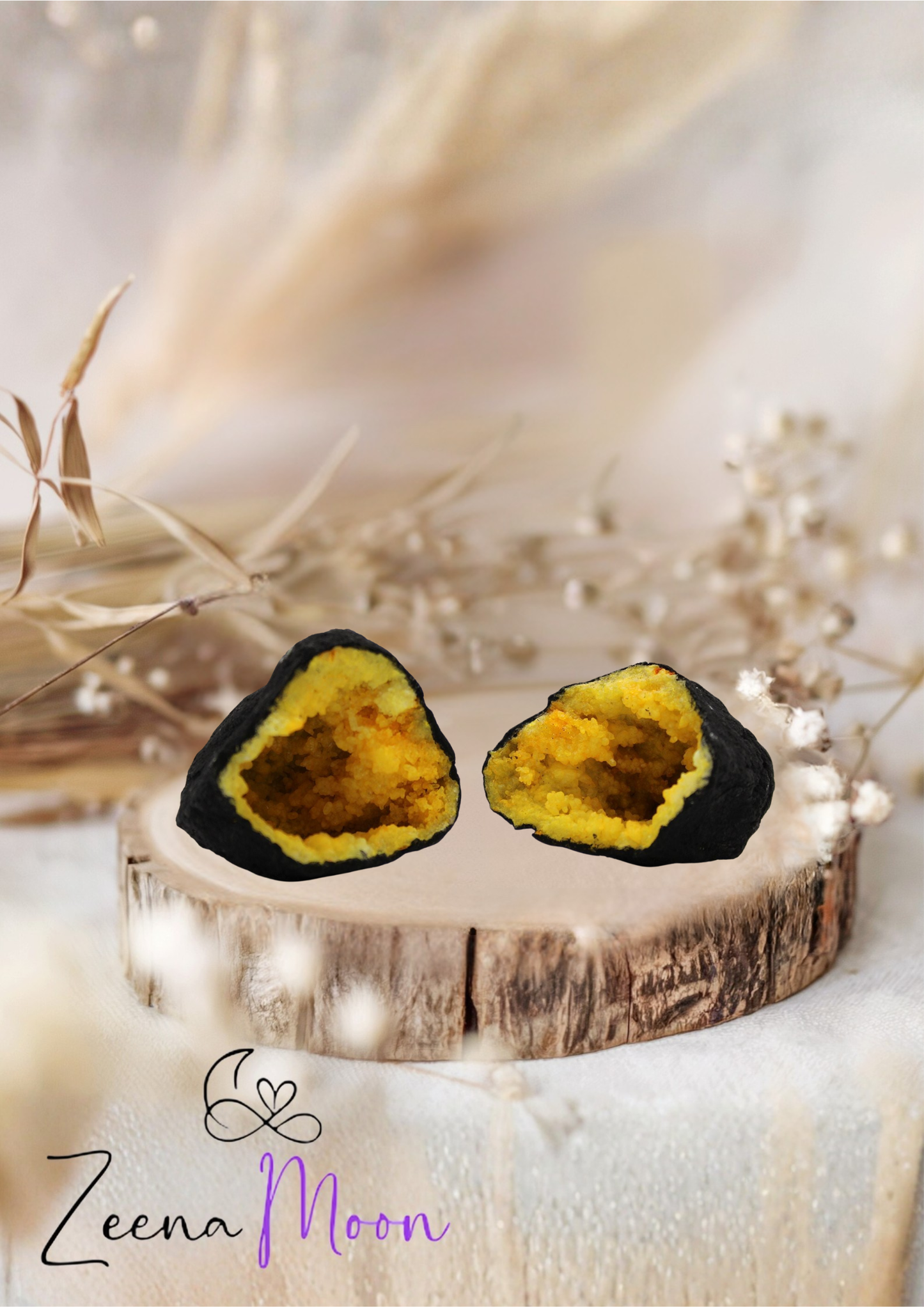 Coloured Calsite Geodes - Black Rock - Yellow