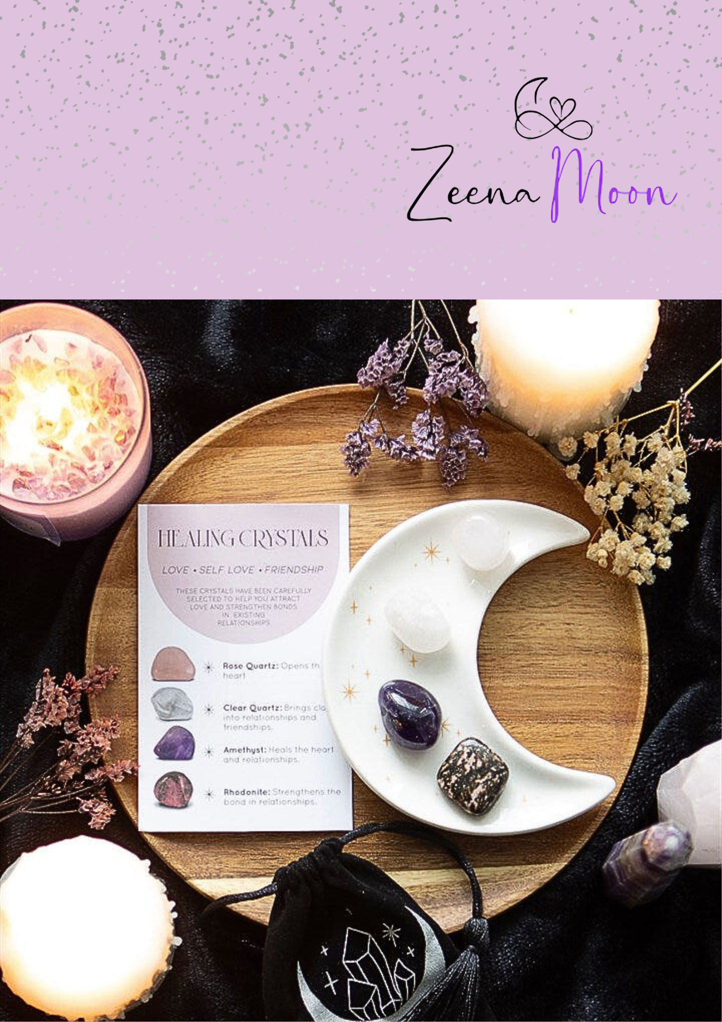Love Healing Crystal Set with Moon Trinket Dish