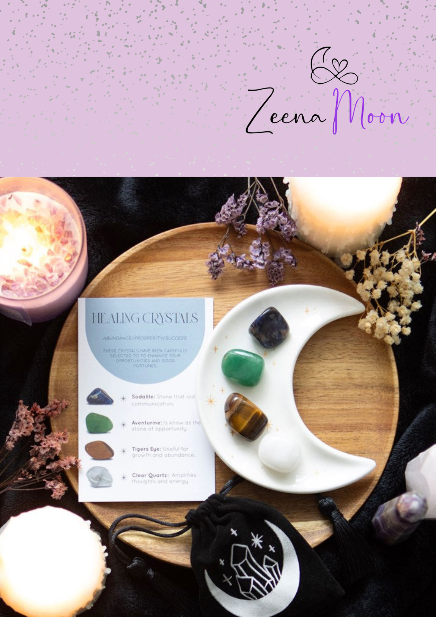Success Healing Crystal Set with Moon Trinket Dish