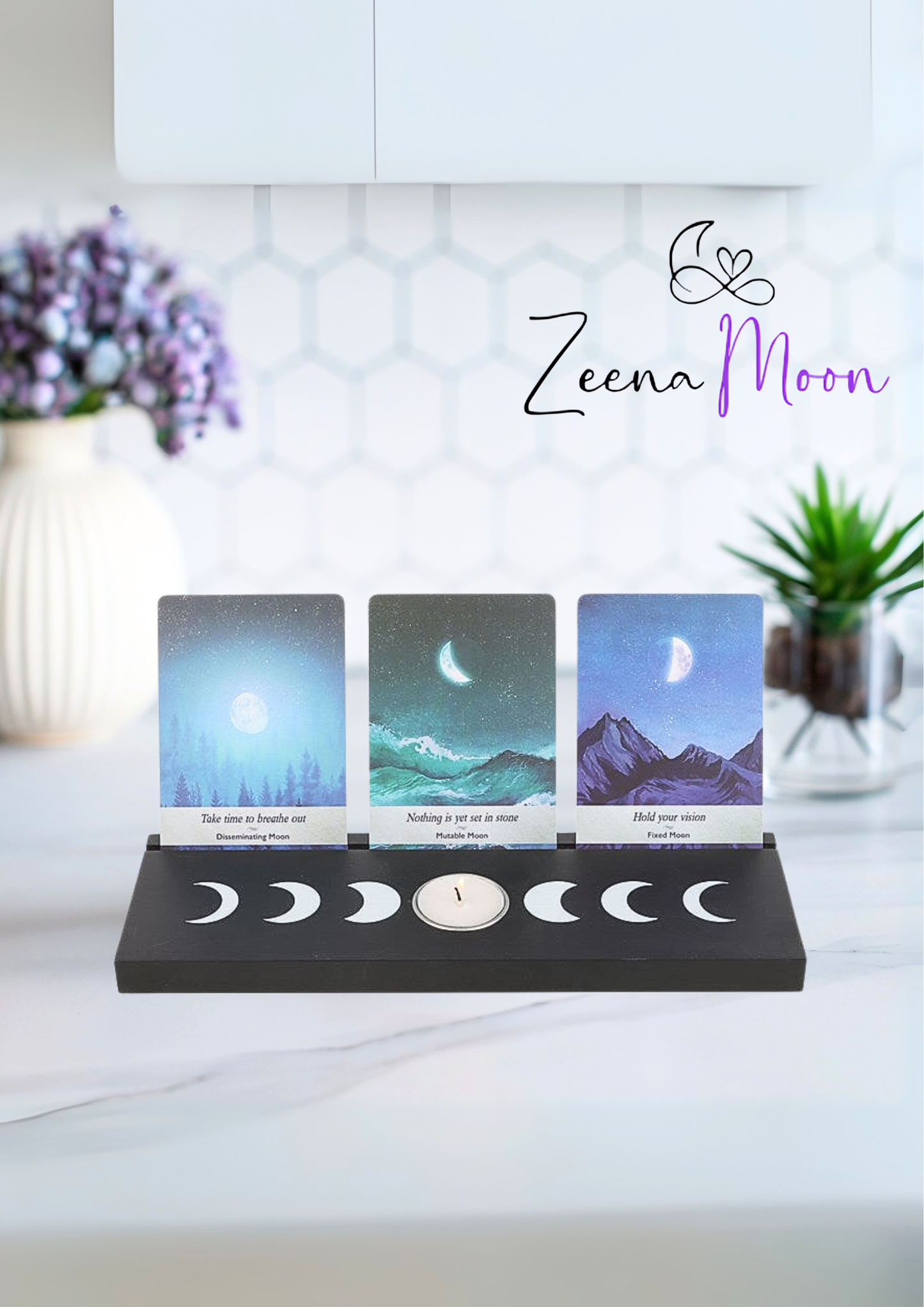 Black Moon Phase Tarot Card Stand Tealight Holder