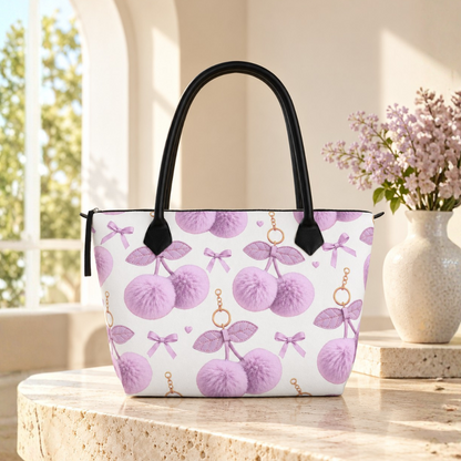 Lilac Cherry & Bow Designer Zip-Top Handbag