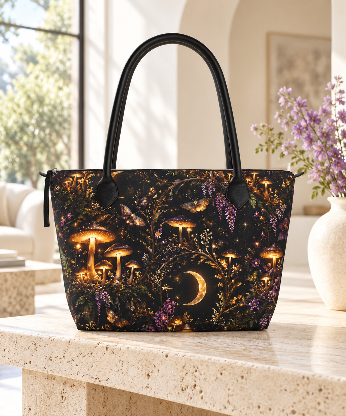 Enchanted Forest Moon & Mushroom Designer Zip-Top Handbag