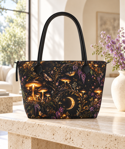 Enchanted Forest Moon & Mushroom Designer Zip-Top Handbag