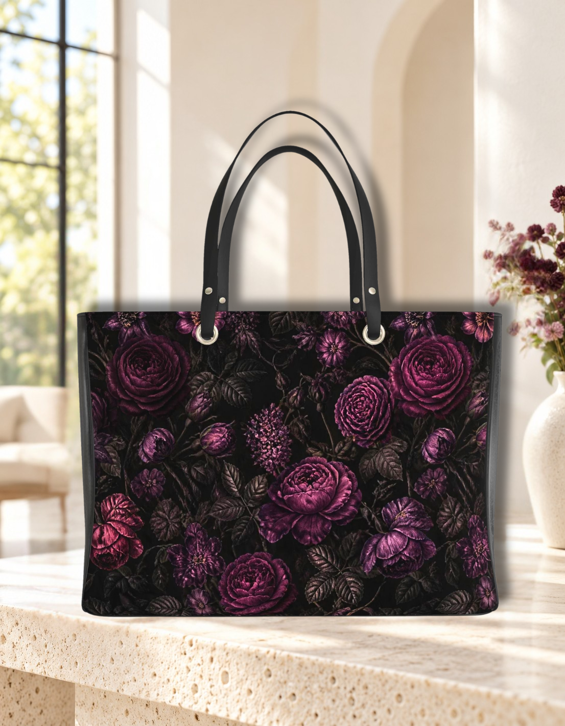Midnight Bloom Designer Handbag – Purple Floral