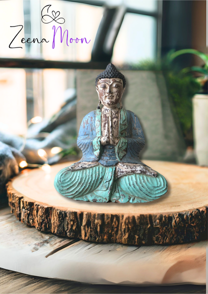 Vintage Blue Mint Hand Carved Buddha Statue - 40cm - Welcome