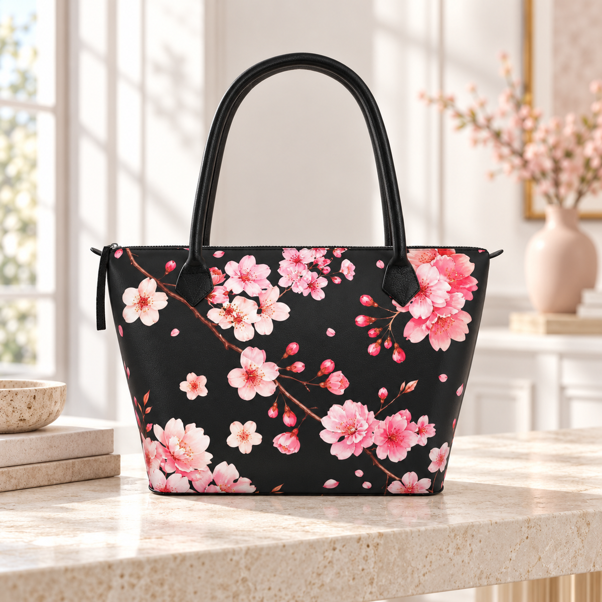 Cherry Blossom Designer Tote Bag – Black & Pink