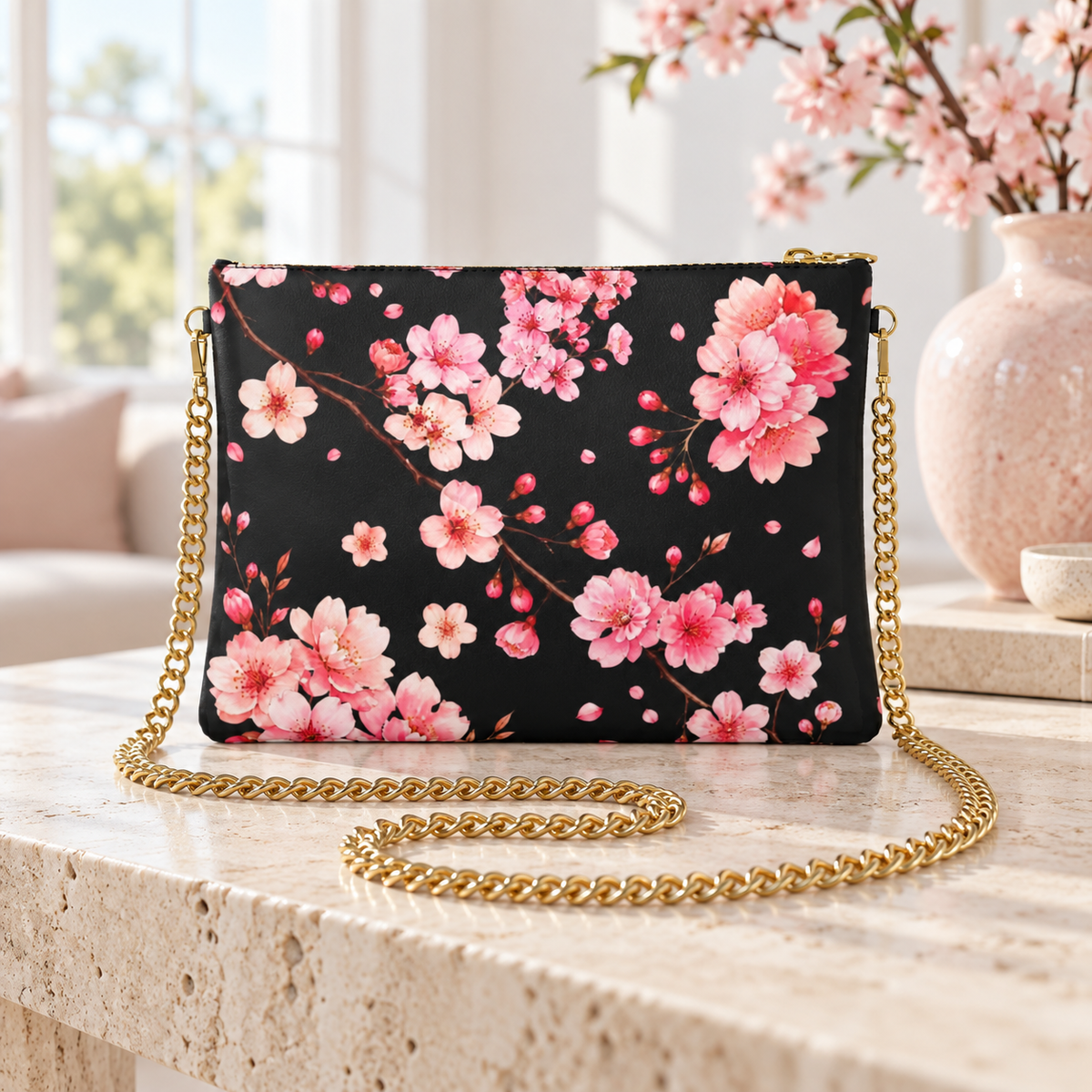 Cherry Blossom Designer Crossbody Bag with Chain – Black & Pink