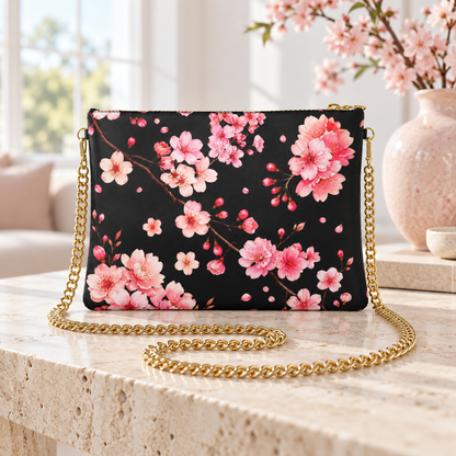 Cherry Blossom Designer Crossbody Bag with Chain – Black & Pink
