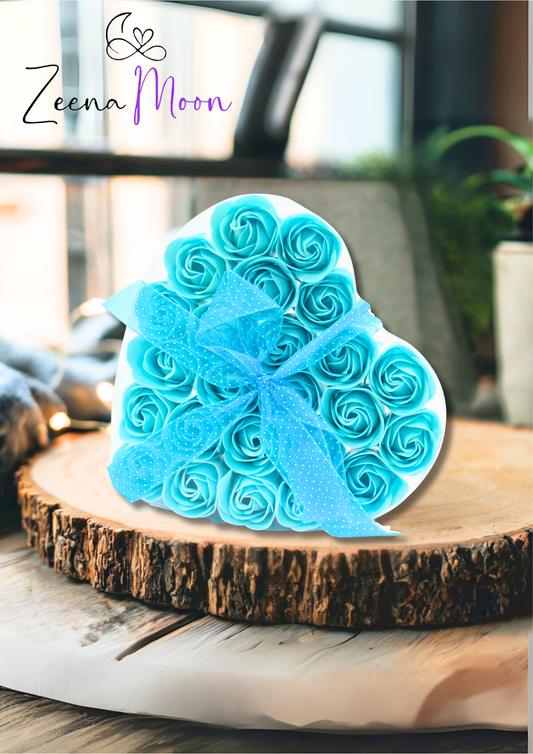 Set of 24 Soap Flower Heart Box - Blue Roses