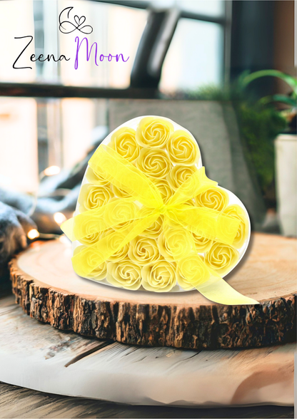 Set of 24 Soap Flower Heart Box - Yellow Roses