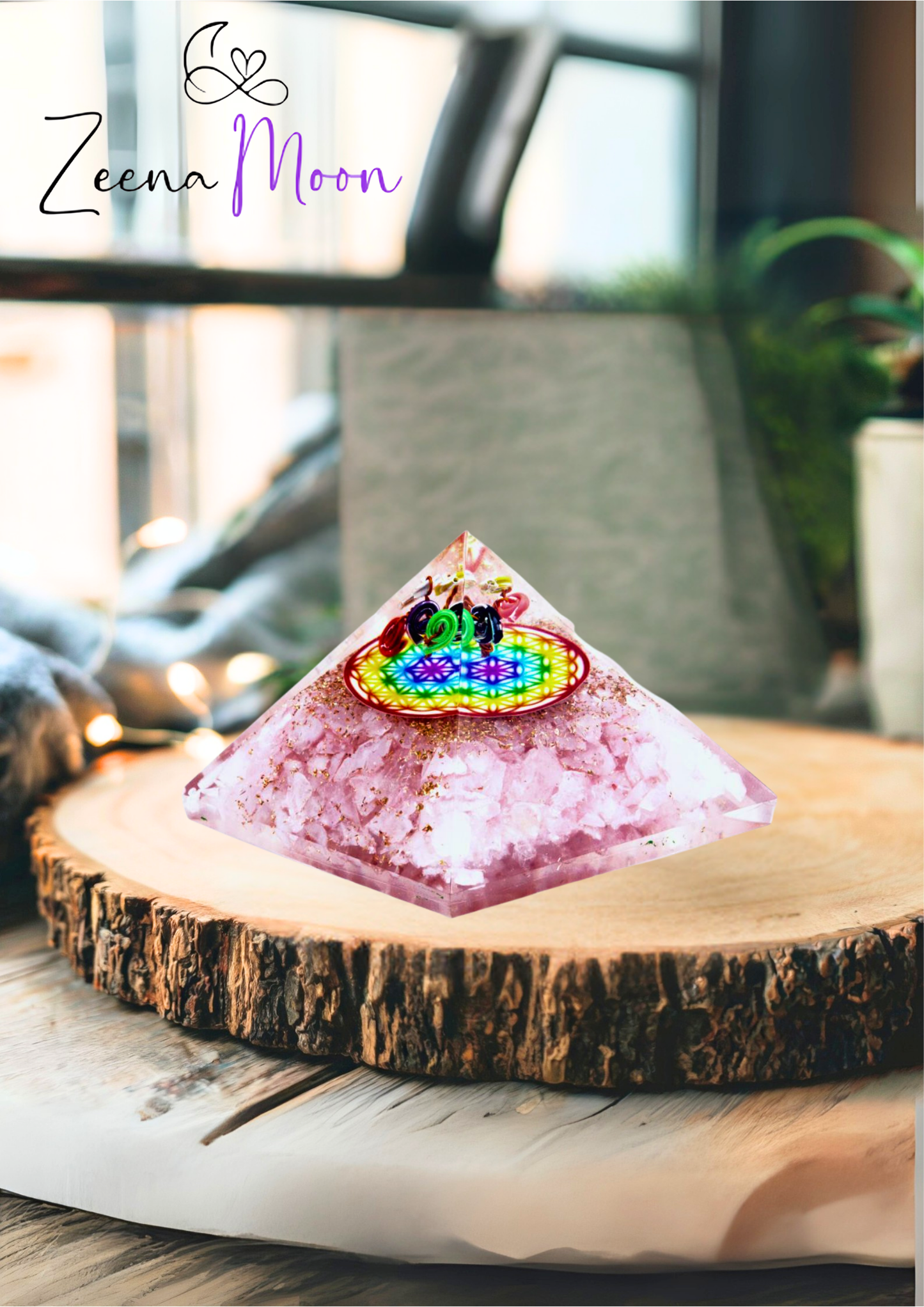 Orgonite Pyramid -  Rose Quartz Rainbow Flower of Life - 70 mm