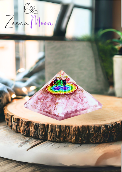 Orgonite Pyramid -  Rose Quartz Rainbow Flower of Life - 70 mm