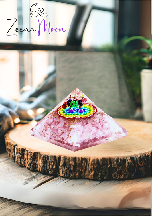 Orgonite Pyramid -  Rose Quartz Rainbow Flower of Life - 70 mm