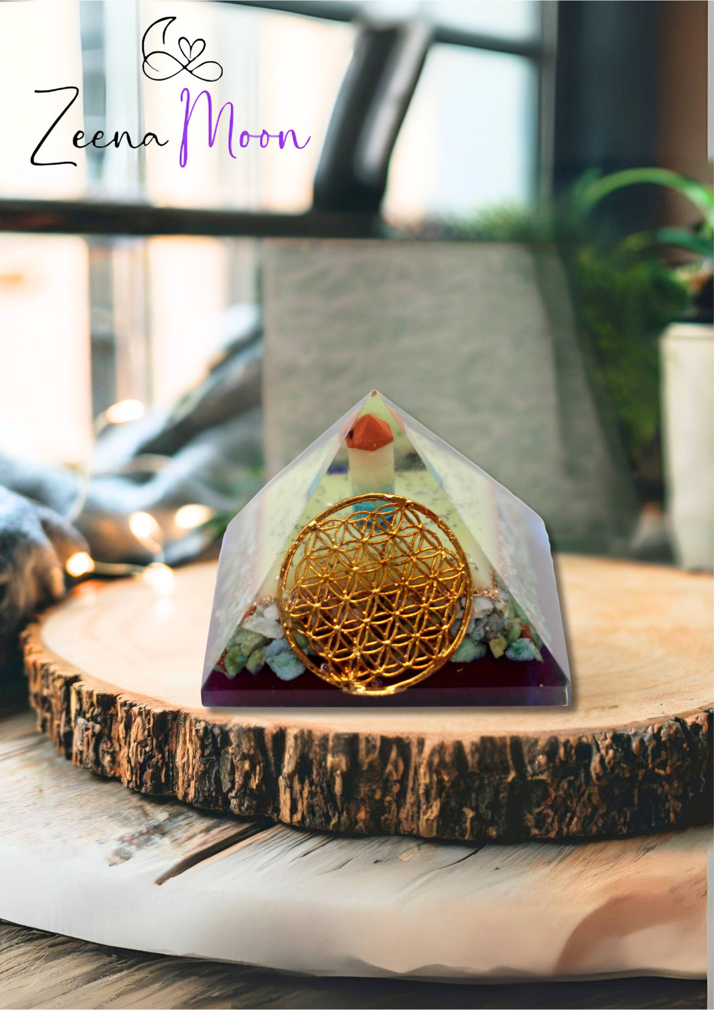 Lrg Organite Pyramid 80mm - Flower of life symbol