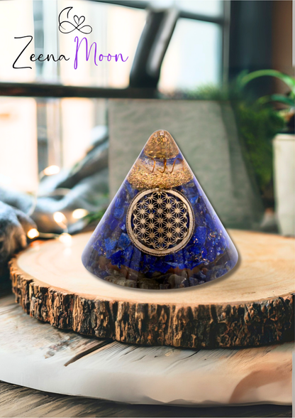 Orgonite Cone - Lapis Flower of Life - Suspended Quartz - 90 mm