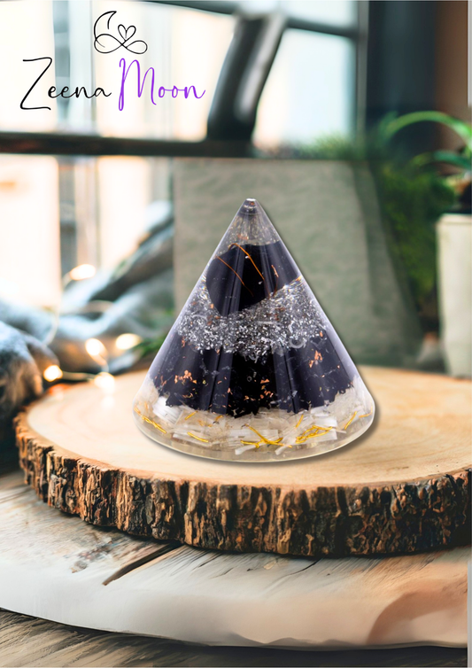 Orgonite Cone - Selenite and Black Toumaline Copper - 90 mm
