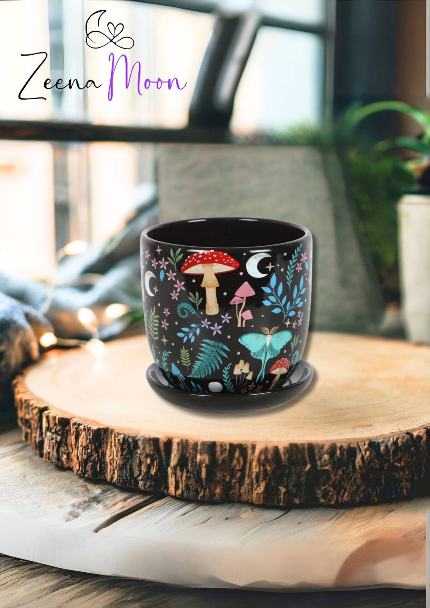 Dark Forest Print Ceramic Plant Pot with Saucer