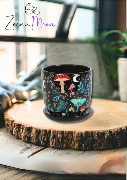 Dark Forest Print Ceramic Plant Pot with Saucer