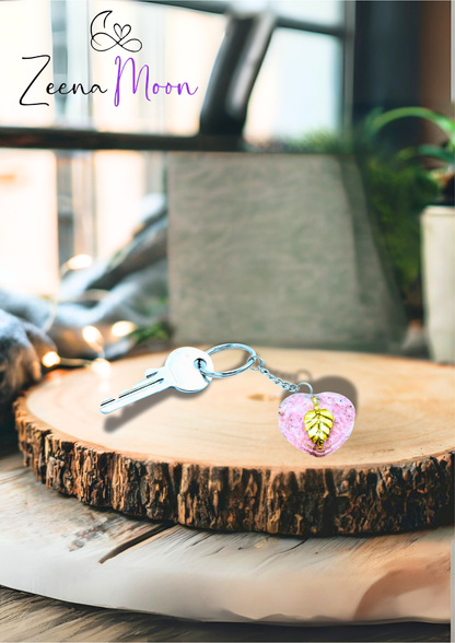 Orgonite Power Keyring - Rose Quartz Heearts Golden Leaf