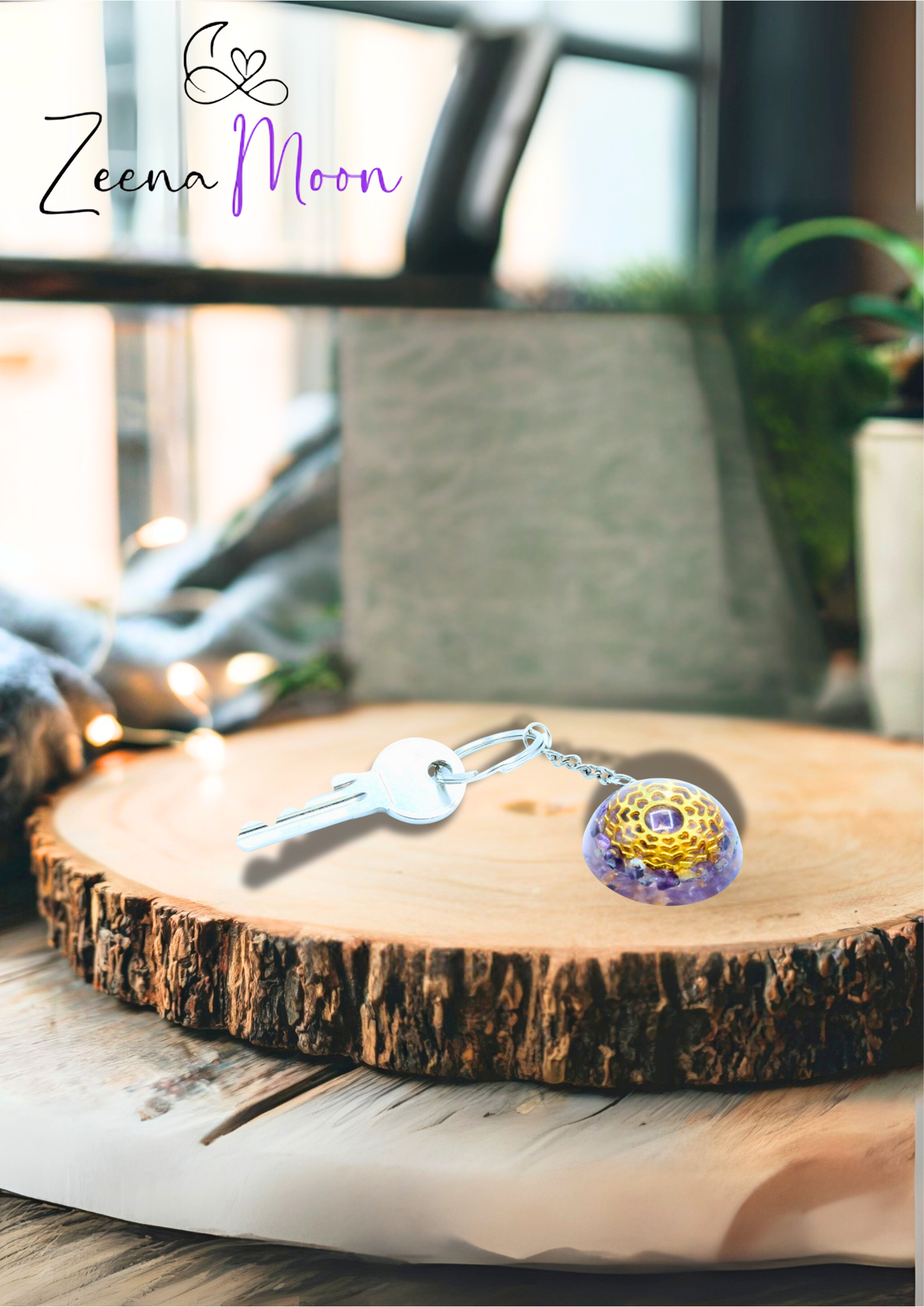 Orgonite Power Keyring - Amethyst Mandala Hearts