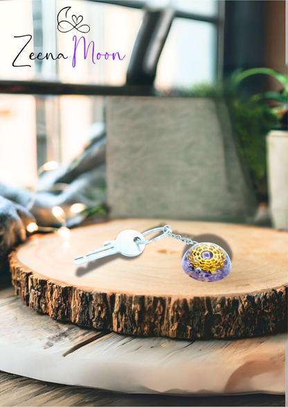 Orgonite Power Keyring - Amethyst Mandala Hearts