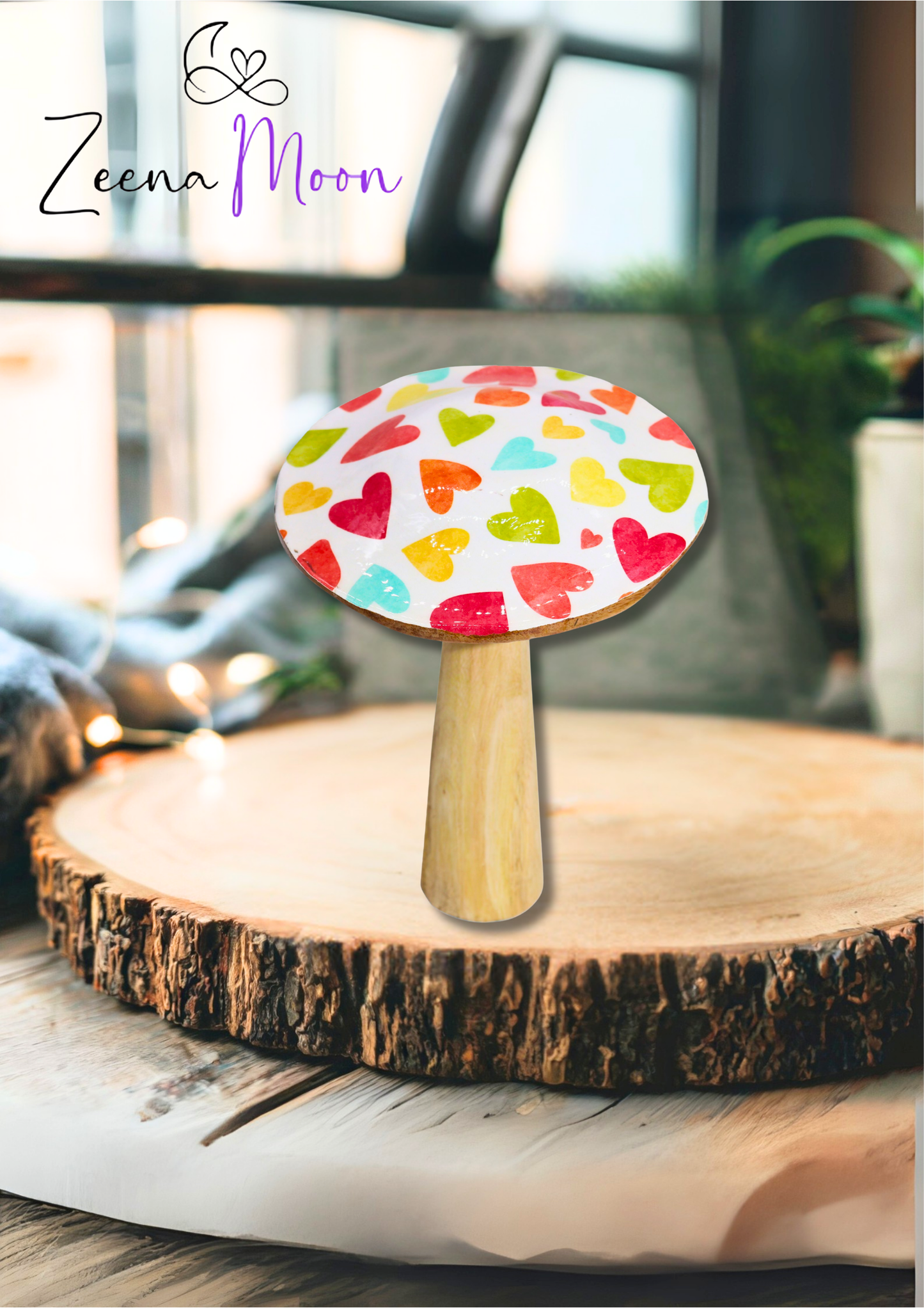 Large Wooden Mushroom - Pastel Hearts