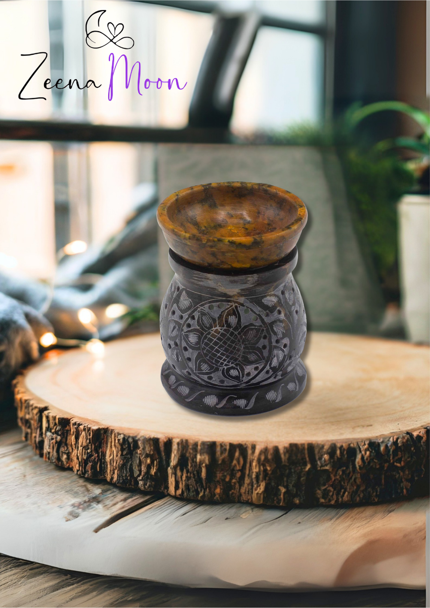 Soapstone Oil Burner 10cm - Mandala Flower - Black & Yellow