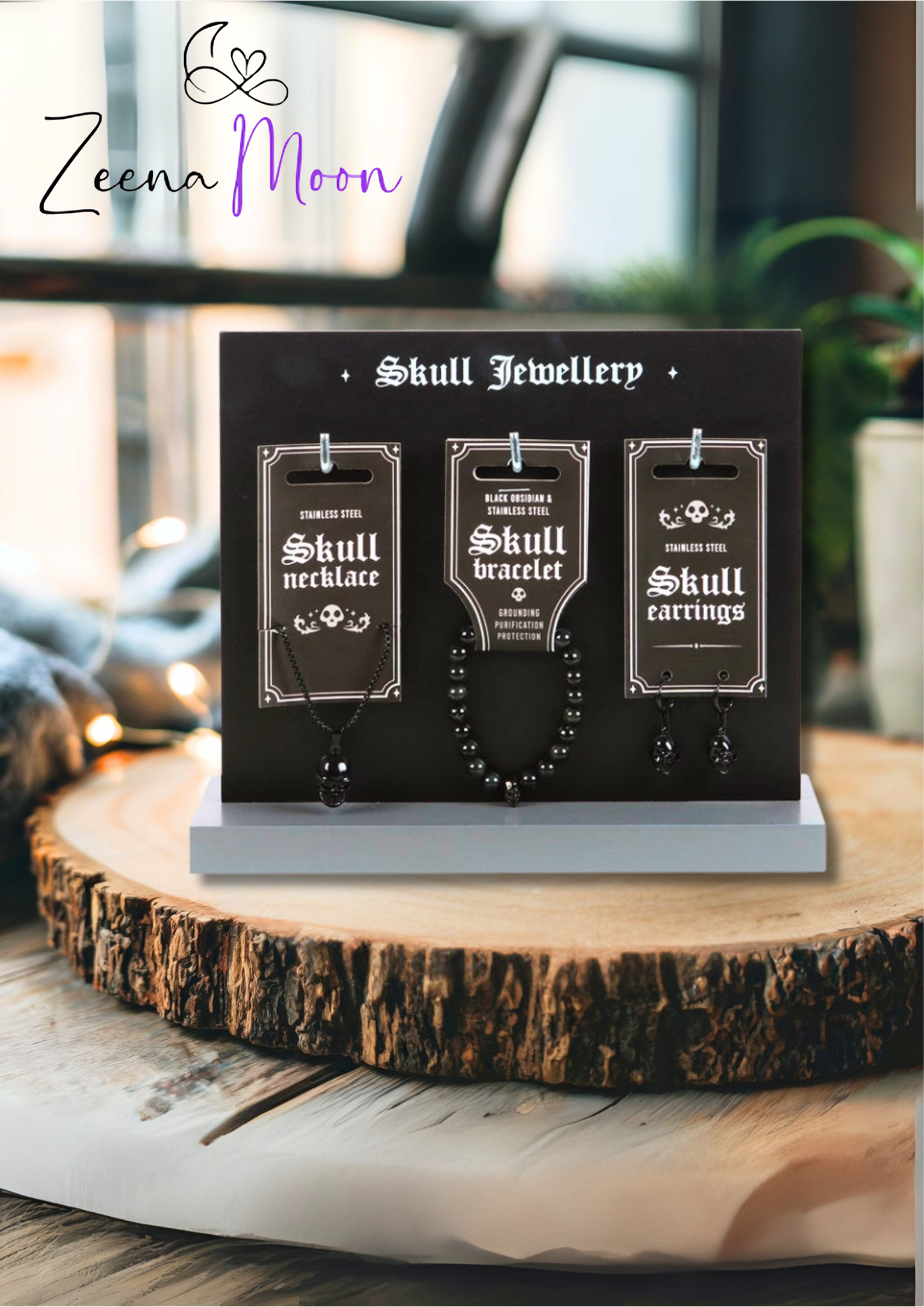 Set of 18 Black Obsidian Skull Jewellery Pieces on Display