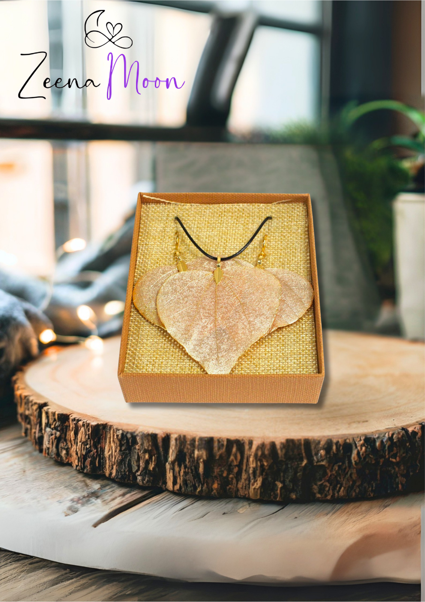 Necklace & Earring Set - Heart Leaf - Gold